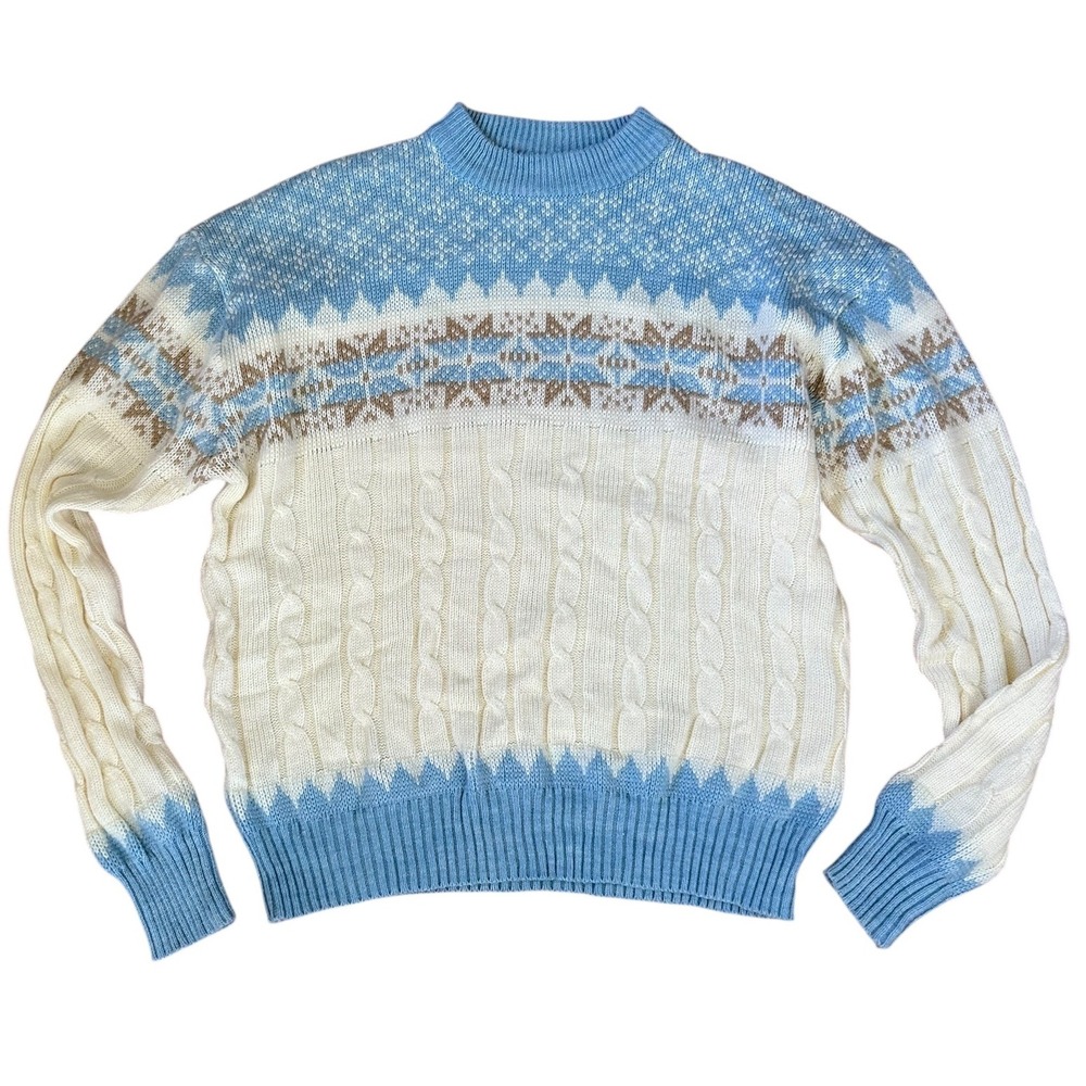 1970's Vintage Jockey Sweater Snowflake Ski Cable Knit Blue‎ Sz L